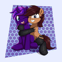 Size: 3000x3000 | Tagged: safe, artist:vipy, imported from derpibooru, oc, oc:tihan, oc:wireless fuzz, earth pony, pony, unicorn, amputee, grin, high res, hug, one eye closed, open mouth, open smile, prosthetic limb, prosthetics, smiling