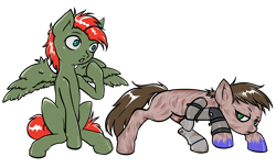 Size: 2620x1604 | Tagged: safe, artist:leastways, imported from derpibooru, oc, oc:jetlag, oc:suddennotion, earth pony, ghoul, pony, undead, unicorn, fallout equestria, clothes, commission, simple background, sketch, sneaking, surprised face, teacching, teaching, transparent background