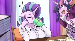 Size: 1654x909 | Tagged: safe, artist:traupa, imported from derpibooru, starlight glimmer, twilight sparkle, anthro, unicorn, breasts, busty starlight glimmer, busty twilight sparkle, coffee mug, drink, mug, one eye closed, open mouth, paperwork, starlight glimmer is not amused, starlight is not amused, unamused