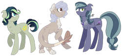 Size: 2818x1297 | Tagged: safe, artist:gallantserver, imported from derpibooru, oc, oc only, oc:amethyst pie, oc:medley, oc:merry dapperpaws, earth pony, hybrid, pony, interspecies offspring, magical lesbian spawn, offspring, parent:capper, parent:capper dapperpaws, parent:coloratura, parent:limestone pie, parent:rarity, parent:songbird serenade, parent:trenderhoof, parents:capperity, parents:trenderstone, simple background, transparent background