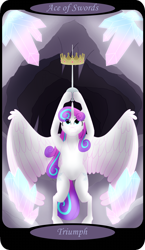 Size: 1500x2591 | Tagged: safe, artist:sixes&sevens, imported from derpibooru, part of a set, princess flurry heart, alicorn, pony, ace of swords, bipedal, cave, crown, crystal, female, glowing crystals, jewelry, minor arcana, older, older flurry heart, rapier, reaching up, regalia, solo, sword, tarot card, weapon, wings