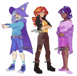 Size: 1280x1262 | Tagged: safe, artist:marshiroart, imported from derpibooru, starlight glimmer, sunset shimmer, trixie, human, alternate hairstyle, badge, belt, bisexual pride flag, boots, cape, clothes, coat, converse, crossed arms, dark skin, ear piercing, earring, female, flats, freckles, hat, humanized, jacket, jeans, jewelry, leather jacket, magical trio, necklace, one eye closed, open mouth, pants, peppered bacon, piercing, pride, pride flag, ripped jeans, ripped pants, shirt, shoes, shorts, socks, striped socks, sweater, t-shirt, torn clothes, trio, trixie's cape, trixie's hat, wink