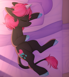 Size: 993x1100 | Tagged: safe, artist:higgly-chan, imported from derpibooru, oc, oc only, oc:cursed affection, pony, unicorn, bed, eyes closed, female, pillow, sleeping, solo