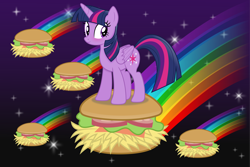 Size: 10676x7138 | Tagged: safe, artist:anime-equestria, imported from derpibooru, twilight sparkle, alicorn, pony, absurd resolution, blushing, burger, female, folded wings, food, hay burger, horn, mare, rainbow, smiling, solo, space, sparkles, that pony sure does love burgers, twilight burgkle, twilight sparkle (alicorn), wings
