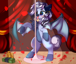 Size: 3102x2616 | Tagged: safe, artist:2pandita, imported from derpibooru, oc, oc only, bat pony, pony, bipedal, bowtie, female, high res, mare, money, solo, stripper pole