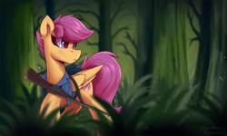 Size: 2500x1500 | Tagged: safe, artist:shadowreindeer, imported from derpibooru, scootaloo, pegasus, pony, clothes, crossover, eye clipping through hair, female, forest, gun, rifle, shirt, solo, the last of us part ii, weapon