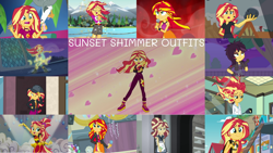 Size: 1280x722 | Tagged: safe, edit, edited screencap, editor:quoterific, imported from derpibooru, screencap, sunset shimmer, human, costume conundrum, costume conundrum: sunset shimmer, dance magic, display of affection, eqg summertime shorts, equestria girls, equestria girls (movie), equestria girls series, forgotten friendship, friendship games, good vibes, i'm on a yacht, legend of everfree, my past is not today, opening night, rainbow rocks, sunset's backstage pass!, the science of magic, spoiler:eqg series (season 2), spoiler:eqg specials, belly button, cap, clothes, confident, cute, cutie mark, cutie mark on clothes, dance magic (song), denim shorts, determined, determined look, embrace the magic, eyes closed, female, geode of empathy, happy, hat, jacket, leather, leather jacket, long hair, magical geodes, messy hair, microphone, multicolored hair, music festival outfit, one eye closed, open mouth, opening night: sunset shimmer, ponytail, serious, shimmerbetes, shorts, singing, smiling, solo, sunset the science gal, to be or not to be, tomboy, visor cap, welcome to the show