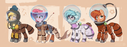 Size: 4300x1605 | Tagged: safe, artist:rexyseven, imported from derpibooru, oc, oc only, oc:drillie stone, oc:koraru koi, oc:rusty gears, oc:whispy slippers, pony, seapony (g4), female, glasses, mare, spacesuit, water