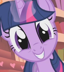 Size: 630x700 | Tagged: safe, edit, edited screencap, imported from derpibooru, screencap, twilight sparkle, pony, unicorn, look before you sleep, cute, female, golden oaks library, grin, hi anon, looking at you, mare, meme, smiling, solo, teeth, twiabetes, unicorn twilight