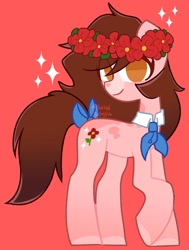 Size: 1734x2290 | Tagged: safe, artist:inkp0ne, artist:softpound, imported from derpibooru, oc, oc only, earth pony, pony, bow, floral head wreath, flower, looking at you, necktie, smiling, solo, sparkles, tail bow