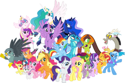Size: 1920x1274 | Tagged: safe, artist:alexdti, imported from derpibooru, apple bloom, applejack, discord, fluttershy, gabby, pinkie pie, princess cadance, princess celestia, princess ember, princess flurry heart, princess luna, rainbow dash, rarity, scootaloo, shining armor, spike, starlight glimmer, sunset shimmer, sweetie belle, thorax, trixie, twilight sparkle, alicorn, changedling, changeling, draconequus, dragon, earth pony, griffon, pegasus, pony, unicorn, alicorn pentarchy, crown, cup, cutie mark crusaders, female, group photo, jewelry, king thorax, male, mane seven, mane six, regalia, royal sisters, scootaloo's scooter, scooter, siblings, simple background, sisters, teacup, transparent background, twilight sparkle (alicorn), vector