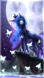 Size: 792x1400 | Tagged: safe, artist:not-ordinary-pony, derpibooru exclusive, imported from derpibooru, princess luna, alicorn, butterfly, pony, female, glowing eyes, glowing mane, mare, moon, night, night sky, sky, solo