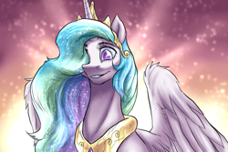 Size: 1500x1000 | Tagged: safe, artist:not-ordinary-pony, derpibooru exclusive, imported from derpibooru, princess celestia, alicorn, pony, bust, colored pupils, crepuscular rays, cute, cutelestia, dawn, female, glow, glowing, grin, hair over one eye, mare, portrait, smiling, solo, spread wings, wing fluff, wings