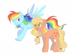 Size: 2048x1546 | Tagged: artist needed, source needed, safe, artist:anhellmortem, imported from derpibooru, applejack, rainbow dash, earth pony, pegasus, pony, appledash, female, flying, hatless, lesbian, mare, missing accessory, no pupils, one eye closed, shipping, simple background, smiling, white background