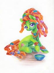 Size: 893x1200 | Tagged: safe, artist:maytee, imported from derpibooru, tree hugger, earth pony, pony, alternate hairstyle, bowl, bracelet, colored pencil drawing, female, jewelry, looking at you, mare, necklace, raised hoof, sitting, smiling, solo, traditional art