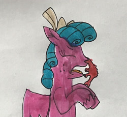 Size: 3022x2783 | Tagged: safe, artist:walkerstar, imported from derpibooru, cozy glow, crab, pegasus, pony, bow, female, filly, foal, hair bow, high res, nose pinch, solo, traditional art