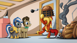 Size: 2560x1440 | Tagged: safe, artist:mysticalpha, imported from derpibooru, doctor whooves, time turner, oc, oc:captain sunride, oc:cloud zapper, earth pony, pegasus, pony, armor, dalek, doctor who, male, pegasus oc, pegasus royal guard, royal guard, royal guard armor, royal guard oc, stallion, the doctor, wings