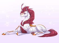 Size: 1920x1397 | Tagged: safe, artist:dementra369, imported from derpibooru, oc, oc only, oc:shining frost, kirin, kirin oc, lying down, male, pink eyes, prone