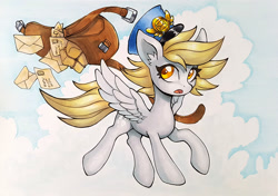 Size: 900x633 | Tagged: safe, artist:asimos, imported from derpibooru, derpy hooves, pegasus, pony, ear fluff, female, flying, hat, mail, mailbag, mailmare, mare, open mouth, solo, spread wings, traditional art, wings
