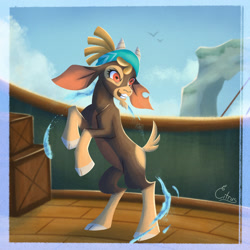 Size: 1280x1280 | Tagged: safe, artist:vitriccitrus, imported from derpibooru, shanty (tfh), bird, goat, seagull, them's fightin' herds, bandana, bipedal, cloven hooves, community related, crate, female, pirate ship, raised hooves, ship, the capricorn (tfh), torn ear