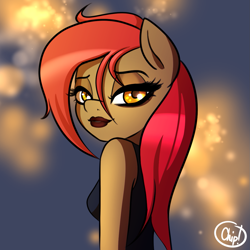 Size: 1333x1333 | Tagged: safe, artist:plaguemare, imported from derpibooru, oc, oc only, oc:dala vault, anthro, earth pony, bedroom eyes, clothes, eyelashes, female, glowing eyes, leotard, lipstick, looking at you, makeup, mare, red mane, solo