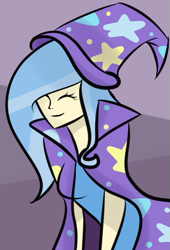 Size: 407x600 | Tagged: artist needed, source needed, safe, imported from derpibooru, trixie, human, cape, clothes, eyes closed, hat, humanized, smiling, trixie's cape, trixie's hat