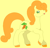 Size: 386x371 | Tagged: safe, artist:diamondbellefan25, artist:lol60651, imported from derpibooru, carrot top, golden harvest, earth pony, pony, background pony, base used, close-up, female, g2, g4, g4 to g2, generation leap, mare, open mouth, raised hoof, raised leg, simple background, smiling, underhoof, unshorn fetlocks, yellow background