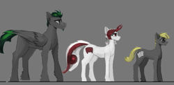 Size: 709x348 | Tagged: safe, artist:nsilverdraws, artist:queen-razlad, imported from derpibooru, oc, oc only, oc:razlad, oc:trestle, oc:villainshima, earth pony, pegasus, pony, unicorn, disguise, disguised changeling, helix horn, horn, reference, reference sheet, simple background, size comparison, size difference