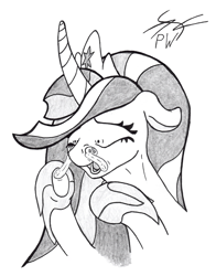 Size: 826x1054 | Tagged: safe, artist:perpendicular white, imported from derpibooru, imported from ponybooru, applejack, twilight sparkle, alicorn, the last problem, appletini, kicking, micro, monochrome, nasal insertion, nasal vore, older, older twilight, princess twilight 2.0, size difference, sketch, spell gone wrong, struggling, traditional art, twilight sparkle (alicorn), twipred, vore, wat, what has magic done