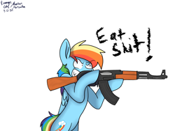 Size: 2048x1536 | Tagged: safe, artist:dasher.forsaken, artist:revenge.cats, imported from derpibooru, rainbow dash, pegasus, pony, ak-47, angry, assault rifle, eat shit, gun, machine gun dash, rifle, simple background, solo, vulgar, weapon, white background