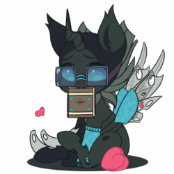 Size: 1080x1080 | Tagged: safe, artist:yomechka, imported from derpibooru, oc, oc only, oc:tarsi, changeling, animated, book, changeling oc, clothes, commission, glasses, heart, horn, mouth hold, pillow, solo, tail wag, wings, ych animation, ych result