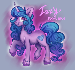 Size: 1903x1767 | Tagged: safe, artist:thegrinningreaper09, imported from derpibooru, izzy moonbow, pony, unicorn, bracelet, cute, female, g5, hoof fluff, izzybetes, jewelry, looking at you, mare, raised hoof, smiling, solo, unshorn fetlocks