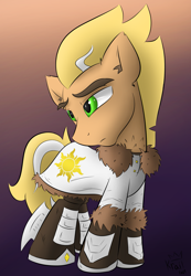 Size: 1301x1880 | Tagged: safe, artist:kingkrail, imported from derpibooru, oc, oc only, oc:krail, oc:regulus, earth pony, pony, armor, armored legs, blades, clothed ponies, clothes, coat, colt, male, solo