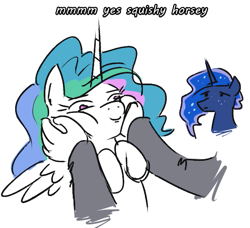 Size: 595x543 | Tagged: safe, artist:jargon scott, imported from derpibooru, princess celestia, princess luna, alicorn, human, pony, cute, cutelestia, duo focus, female, freckles, mare, offscreen character, simple background, squishy cheeks, white background