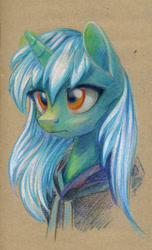 Size: 650x1072 | Tagged: safe, artist:maytee, imported from derpibooru, lyra heartstrings, pony, unicorn, bust, clothes, colored pencil drawing, hoodie, portrait, sad, solo, traditional art