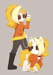 Size: 1330x1890 | Tagged: safe, artist:shinodage, imported from ponybooru, oc, oc only, oc:dyx, alicorn, human, pony, beige background, chains, clothes, female, filly, humanized, jacket, ponytail, simple background, sunglasses, young