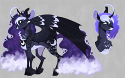 Size: 1280x801 | Tagged: safe, artist:wanderingpegasus, imported from derpibooru, princess luna, alicorn, bat pony, bat pony alicorn, pony, alternate design, alternate hairstyle, bat ponified, bat wings, chest fluff, crown, curved horn, ear tufts, ethereal mane, feathered bat wings, feathered fetlocks, female, freckles, gray background, grin, hoof shoes, horn, jewelry, mare, markings, pale belly, race swap, redesign, regalia, simple background, smiling, solo, starry mane, wings
