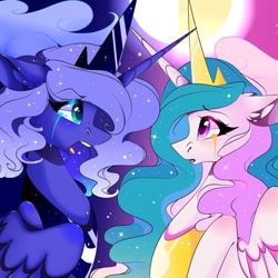 Size: 1080x1079 | Tagged: safe, artist:tessa_key_, imported from derpibooru, princess celestia, princess luna, alicorn, pony, bust, crying, duo, ear fluff, eyelashes, female, horn, jewelry, open mouth, peytral, siblings, sisters, tiara, wings