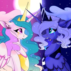 Size: 1080x1079 | Tagged: safe, alternate version, artist:tessa_key_, imported from derpibooru, princess celestia, princess luna, alicorn, pony, bust, crying, duo, ear fluff, eyelashes, female, horn, jewelry, open mouth, peytral, siblings, sisters, tiara, wings