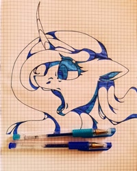 Size: 1080x1350 | Tagged: safe, artist:tessa_key_, imported from derpibooru, princess luna, alicorn, pony, bust, curved horn, eyelashes, female, graph paper, horn, lineart, mare, open mouth, solo, traditional art