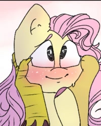 Size: 759x947 | Tagged: safe, artist:cocolove2176, imported from derpibooru, discord, fluttershy, draconequus, pegasus, pony, blushing, cheek squish, colored hooves, cropped, discoshy, female, floppy ears, male, male pov, mare, offscreen character, pov, shipping, smiling, squishy cheeks, straight