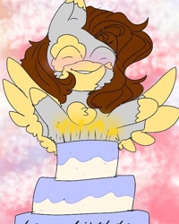 Size: 540x676 | Tagged: safe, artist:cocolove2176, imported from derpibooru, oc, oc only, pegasus, pony, abstract background, birthday cake, blushing, bust, cake, eyes closed, female, food, mare, pegasus oc, smiling, solo, wings