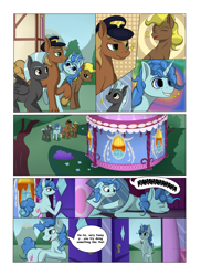 Size: 2904x4000 | Tagged: safe, artist:palibrik, imported from derpibooru, compass star, evening star, party favor, thunderlane, earth pony, pegasus, pony, unicorn, comic:securing a sentinel, abandoned, carousel boutique, comic, commissioner:bigonionbean, cutie mark, dialogue, drunk, hat, male, ponyville, stallion, writer:bigonionbean