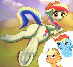 Size: 2610x2379 | Tagged: safe, artist:shaliwolf, imported from derpibooru, applejack, rainbow dash, oc, oc:zap-apple jam, earth pony, pegasus, pony, background, blushing, butt, commissioner:bigonionbean, cowboy hat, cutie mark, dock, embarrassed, female, flank, frog (hoof), fusion, fusion:rainbow dash, fusion:zap-apple jam, hat, high res, looking at you, looking back, looking back at you, lying down, mare, plot, prone, stetson, thought bubble, underhoof, writer:bigonionbean