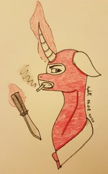 Size: 1994x3191 | Tagged: safe, artist:agdapl, imported from derpibooru, pony, unicorn, cigarette, clothes, crossover, glowing horn, horn, knife, magic, male, mask, ponified, signature, smoking, solo, spy, stallion, team fortress 2, telekinesis, traditional art