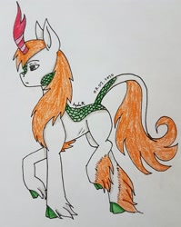 Size: 2343x2949 | Tagged: safe, artist:agdapl, imported from derpibooru, oc, oc only, kirin, cloven hooves, high res, hoof fluff, horn, kirin oc, leonine tail, raised hoof, signature, traditional art