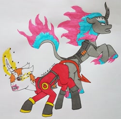 Size: 2929x2883 | Tagged: safe, artist:agdapl, imported from derpibooru, kirin, nirik, unicorn, boots, clothes, crossover, duo, glowing horn, high res, horn, magic, pyro, rearing, shoes, signature, team fortress 2, telekinesis, traditional art