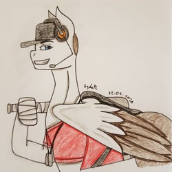 Size: 2857x2857 | Tagged: safe, artist:agdapl, imported from derpibooru, pegasus, pony, baseball bat, bust, clothes, crossover, dog tags, grin, headset, high res, hoof hold, male, ponified, scout, signature, smiling, solo, stallion, team fortress 2, traditional art, two toned wings, whistle, wings