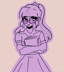 Size: 705x797 | Tagged: safe, artist:rapunzelights, artist:twiskielulamoon, imported from derpibooru, sci-twi, twilight sparkle, equestria girls, adorkable, blushing, book, bust, clothes, cute, dork, embarrassed, female, glasses, meganekko, simple background, skirt, solo, twiabetes, wip