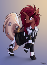 Size: 3992x5523 | Tagged: safe, artist:fenixdust, imported from derpibooru, oc, oc only, oc:flechette, changeling, insect, moth, mothling, original species, clothes, eye clipping through hair, female, lidded eyes, looking at you, maid, raised hoof, red changeling, skirt, solo, species swap